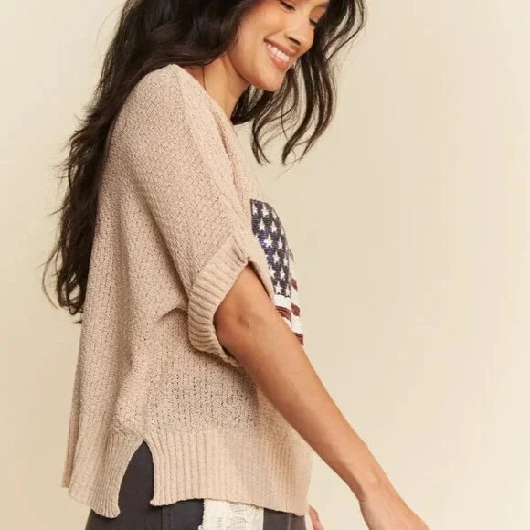 Davi & Dani Sequin‎ American Flag Patch Short Sleeve Knit Top - Picture 6 of 10